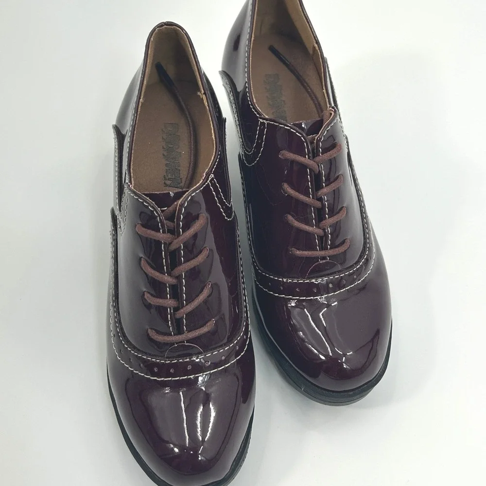 Womens Burgundy Patent Lace Up‎ Oxford Platform Chunky Heel Lug Sole Shoe Size 7